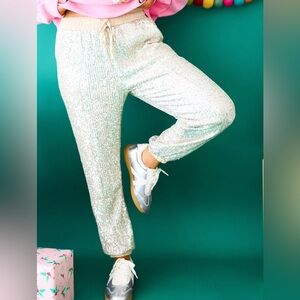 Main Strip Elastic Waistband champagne sequins joggers size medium drawstring